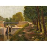 Anonymer Maler, franz. Schule 1. Hälfte 20. Jh. "Landschaft mit kleiner Schleuse", Öl/Lw., 45 x 60