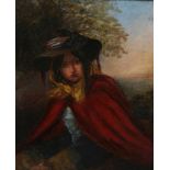 Anonymer Maler, 19. Jh. "Mädchen mit Hut in Landschaft", Öl/Lw., 28 x 23 cm