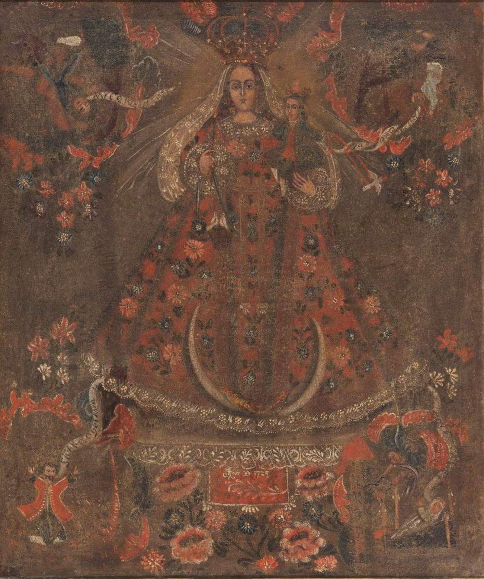 Schule von Cuzco (18. Jh.) wohl, "Madonna", Öl auf Leinwand, doubliert, datiert unten Mitte Ano D