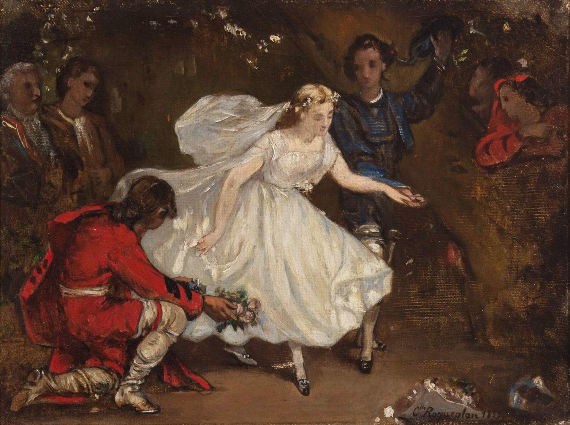 Roqueplan, Camille Joseph Etienne (1800-1855), womöglich, "Galante Szene", Ölstudie auf Leinwand,