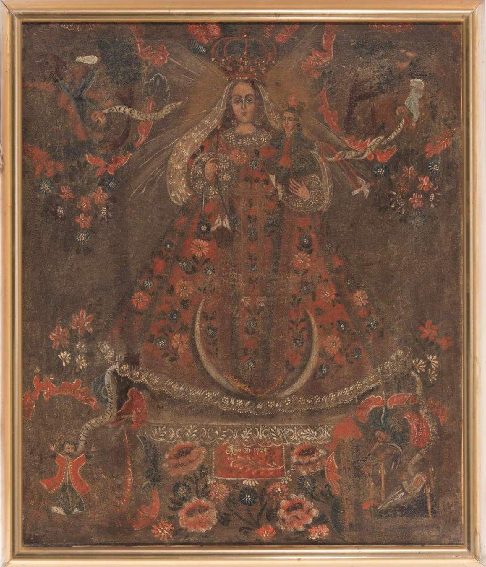 Schule von Cuzco (18. Jh.) wohl, "Madonna", Öl auf Leinwand, doubliert, datiert unten Mitte Ano D - Image 2 of 3