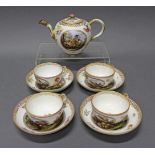 Teekanne, 4 Tassen mit Untertassen, Meissen, Schwertermarke, 1774-1817, Reserven mit farbigen