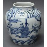 Vase, China, 20. Jh., Porzellan, blauer Dekor mit Personenstaffage, 16 cm hoch, ø 17 cm