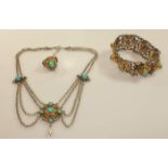 Trachtenschmuck-Set: Collier, Armband, Ring, Silber/GG 333, Türkis-Cabochons, Perlen, RM 17.5