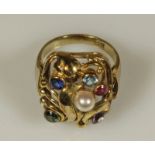 Ring, GG 333, Perle, verschieden farbige Edelsteine: Amethyst, Rubin, Turmalin u.a., 5 g, RM 17 20.