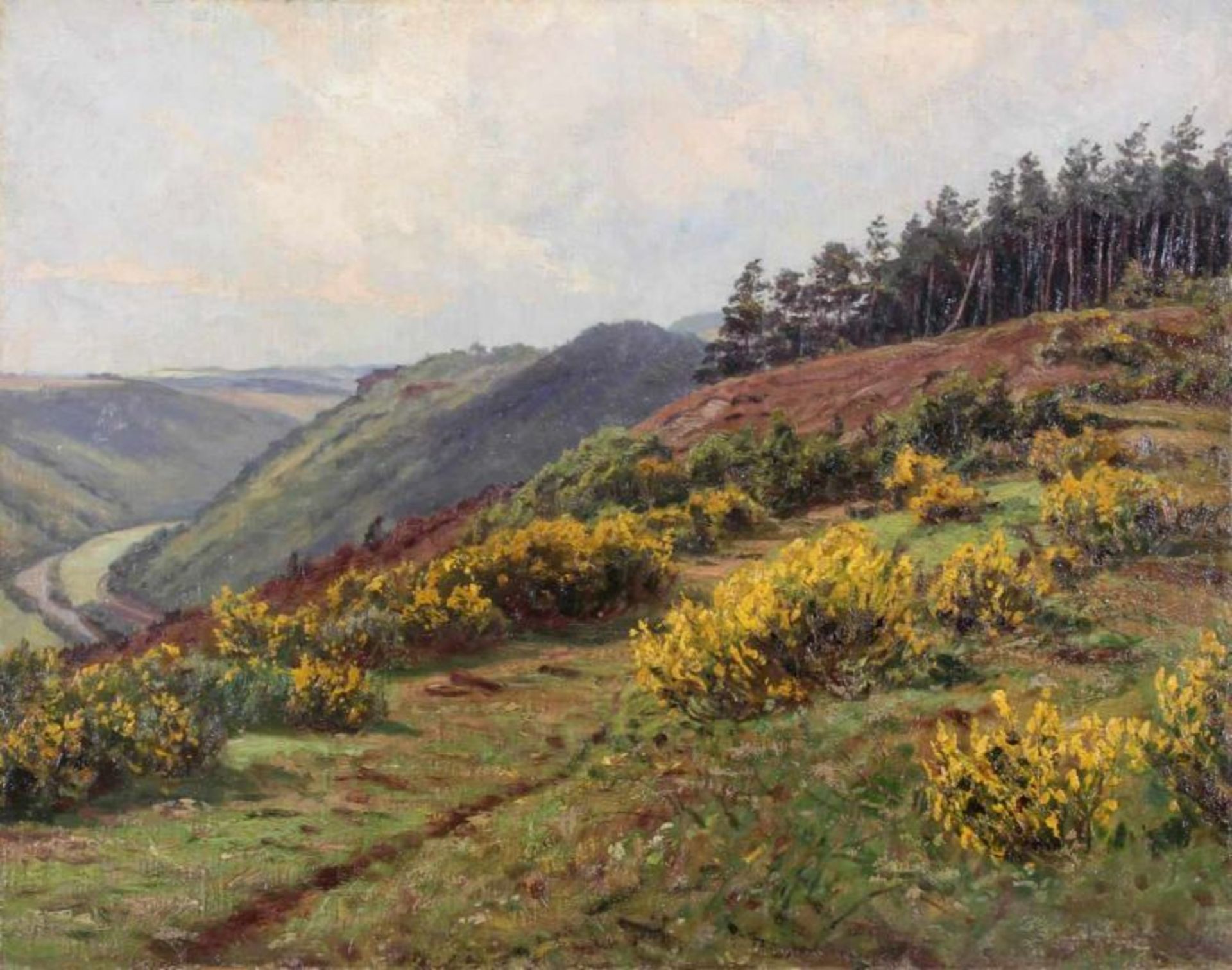 Eifelmaler (1. Hälfte 20. Jh.), "Ginsterblüte in der Eifel", Öl auf Leinwand, auf Holz, 40.5 x 51 cm