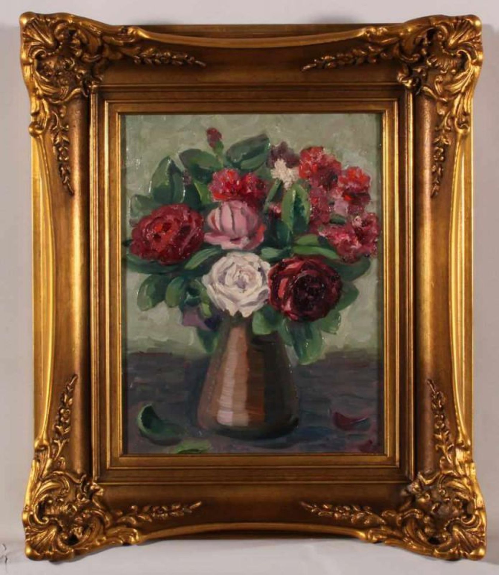 Stilllebenmaler (19./20. Jh.), "Rosen in einer Vase", Öl auf Malkarton, 31 x 24.5 cm 20.00 % buyer's - Image 2 of 2