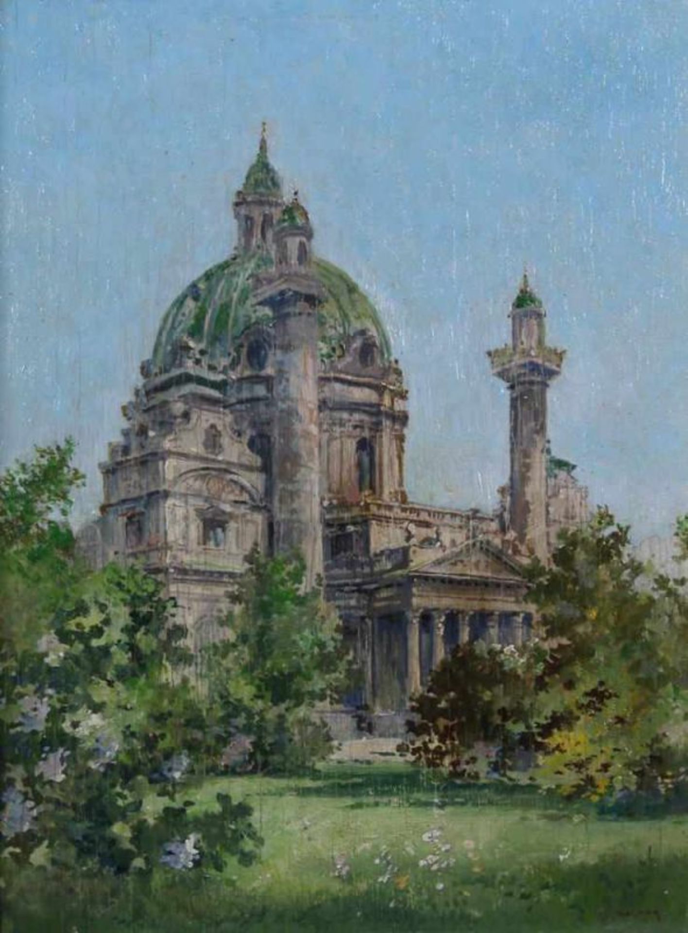 Undeutlich signiert (19./20. Jh.), "Wiener Karlskirche", Öl auf Holz, unten rechts Reste einer