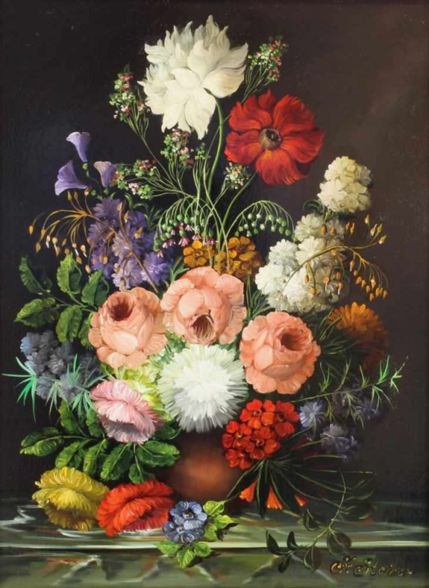 Steiner, J. (20. Jh.), "Blumenstillleben", Öl auf Holz, signiert unten rechts J. Steiner, 39 x 29 cm