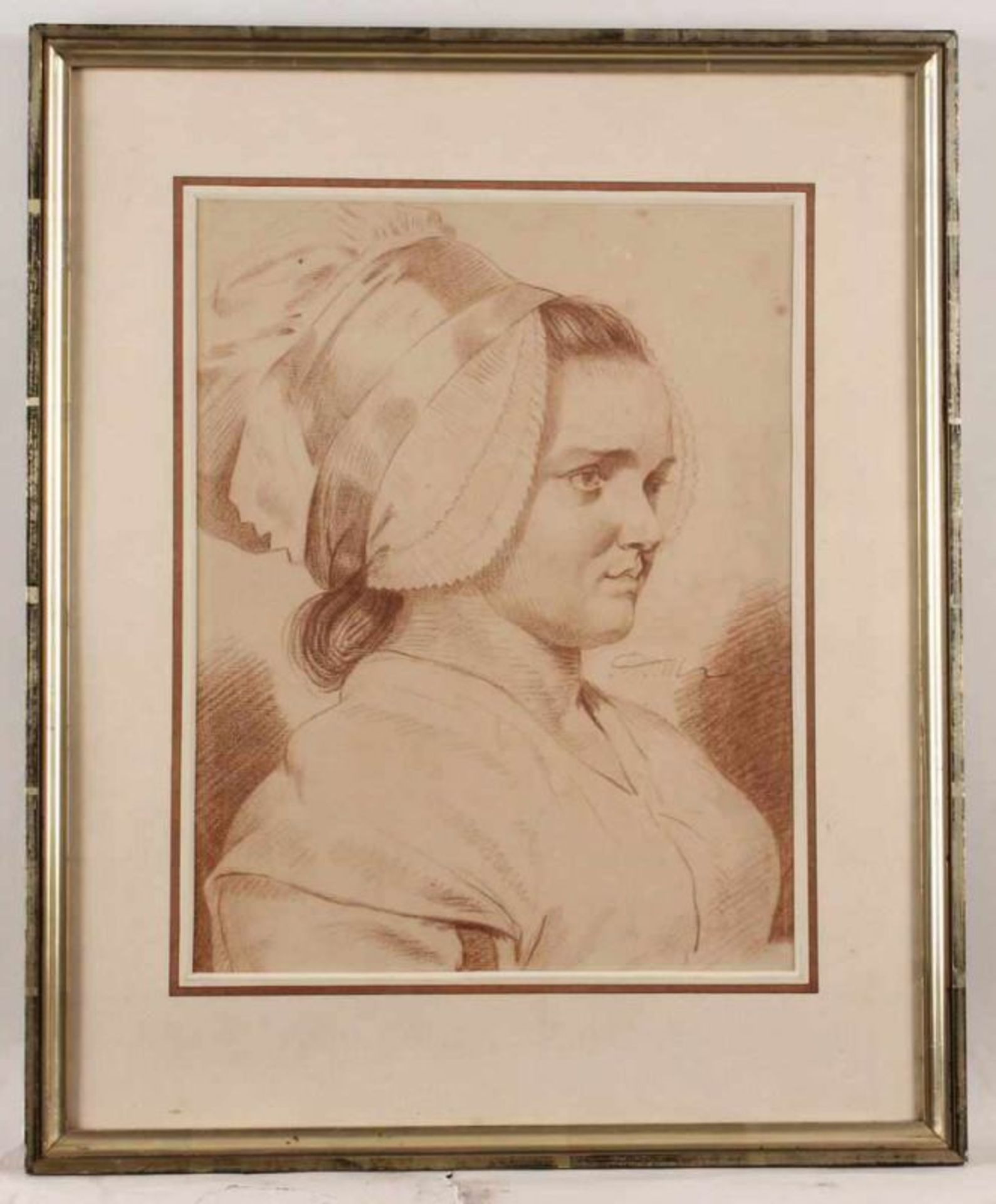 Rötelzeichnung, "Junge Frau mit Haube", signiert rechts in der Mitte Adam, 35.5 x 27.5 cm, unter - Image 2 of 3