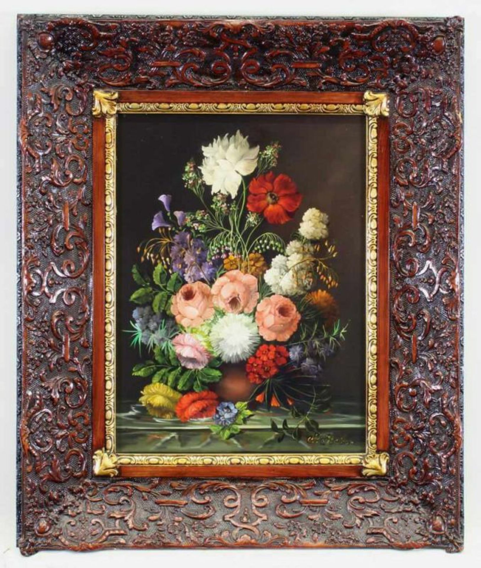 Steiner, J. (20. Jh.), "Blumenstillleben", Öl auf Holz, signiert unten rechts J. Steiner, 39 x 29 cm - Image 2 of 4