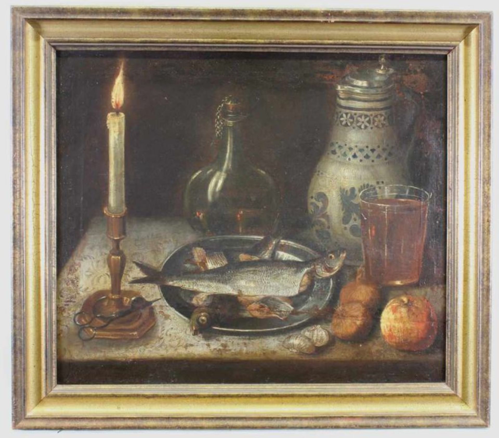 Deutscher Meister (2. Hälfte 17. Jh.), "Stillleben mit Fisch", Öl auf Leinwand, auf Holz, 48 x 54 - Image 2 of 4