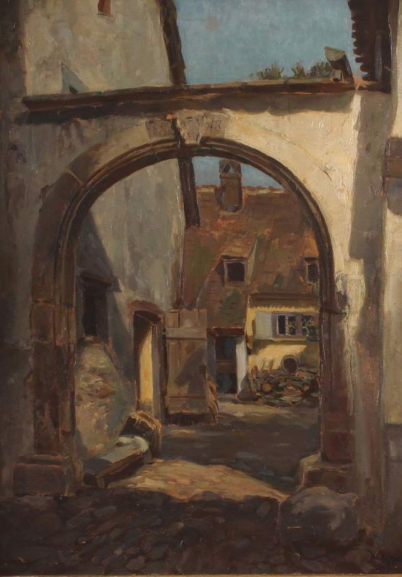 Holz, Albert (Düsseldorf 1884 - 1954, deutscher Landschafts- und Jagdmaler), "Hinterhofidylle", Öl