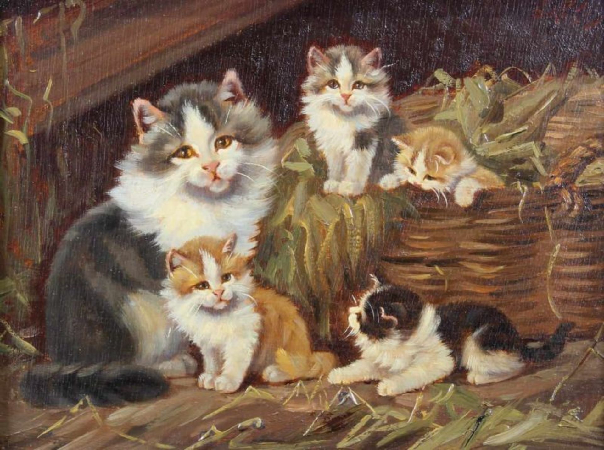 Kögl, Benno (1892 Greding - 1969 München, Katzenmaler), "Katzenfamilie", Öl auf Holz, signiert