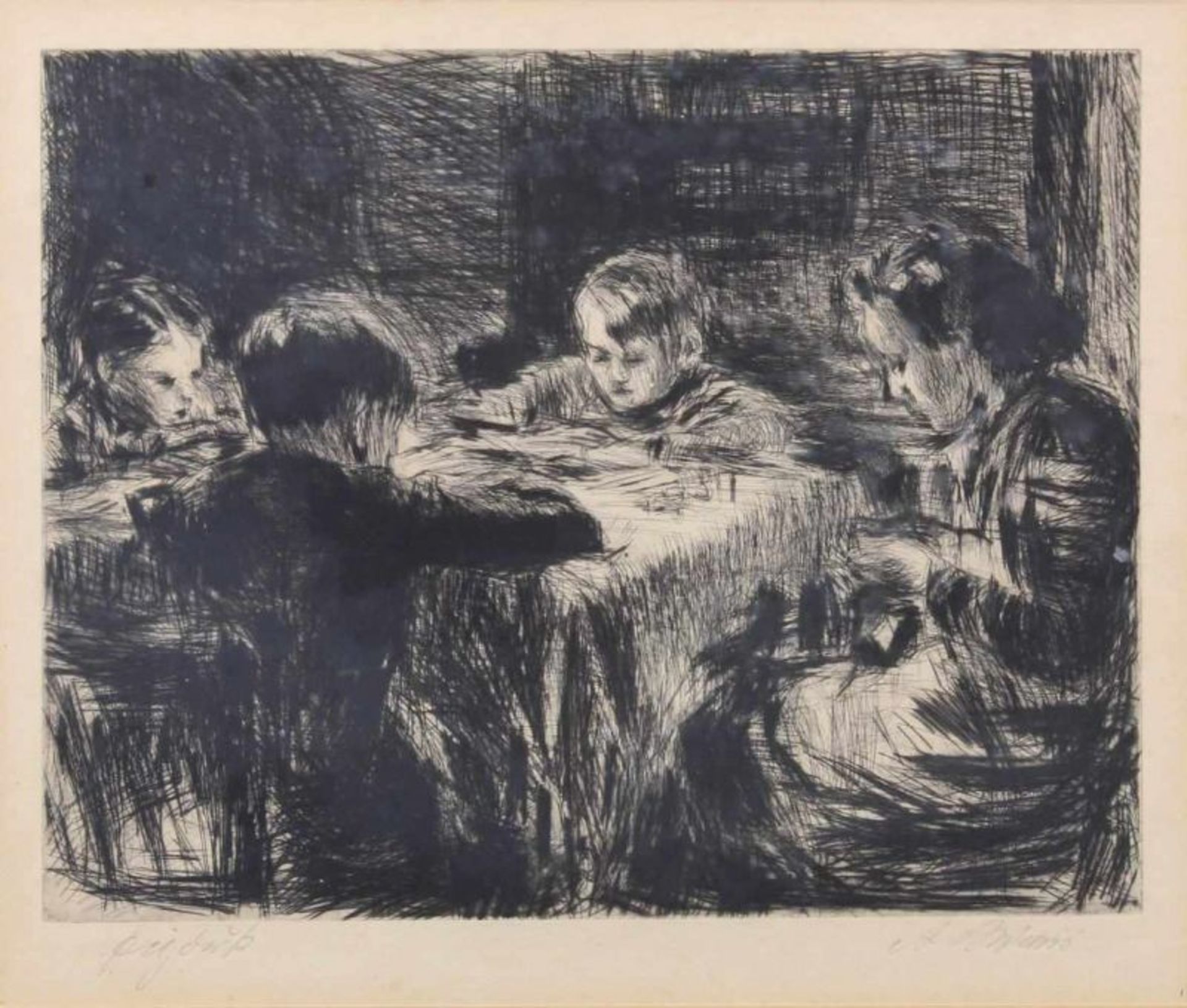 Wais, Alfred (1905 Stuttgart - 1988 ebda.), Radierung, "Familie am Tisch", signiert, 24 x 30 cm,