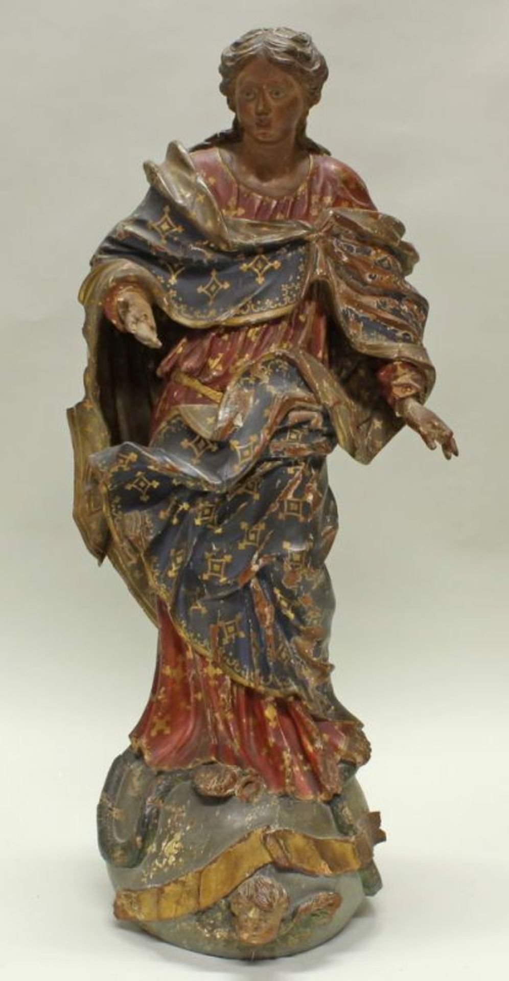 Skulptur, Holz geschnitzt, "Maria Immaculata", 18. Jh., beschädigt 20.00 % buyer's premium on the