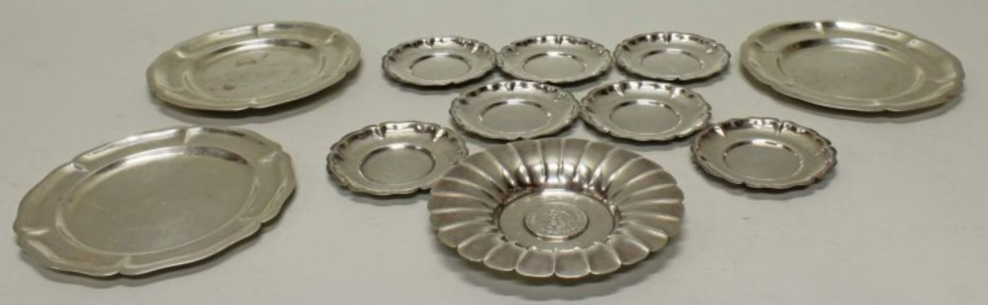 Münzteller und 10 Untersetzer, Silber 925, Mexiko, Münzteller mit graviertem Datum 1963, ø 13.8