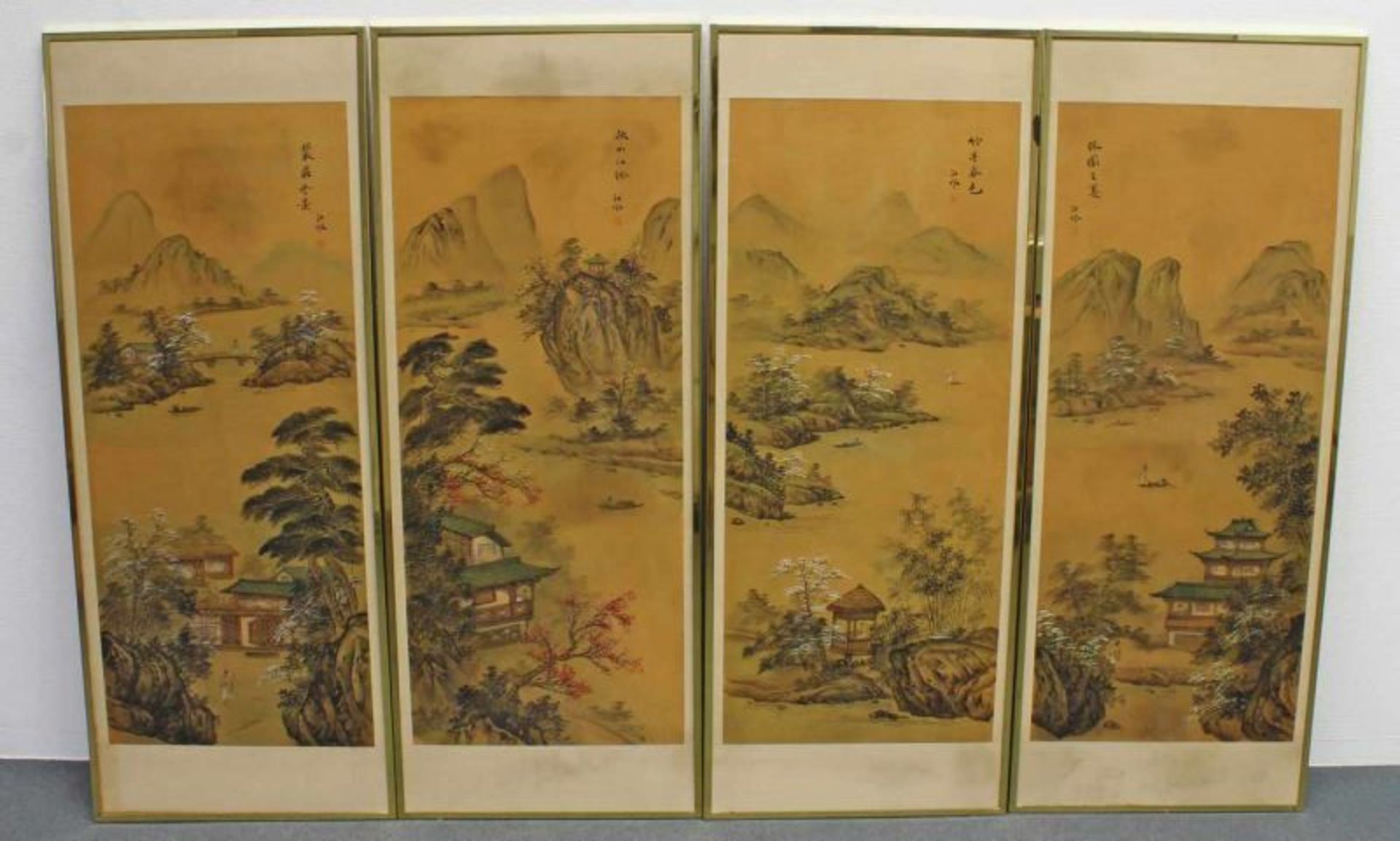 4 Malereien, "Flußlandschaften", China, 20. Jh., Farbe auf Seide, je bezeichnet, je 106 x 45 cm,