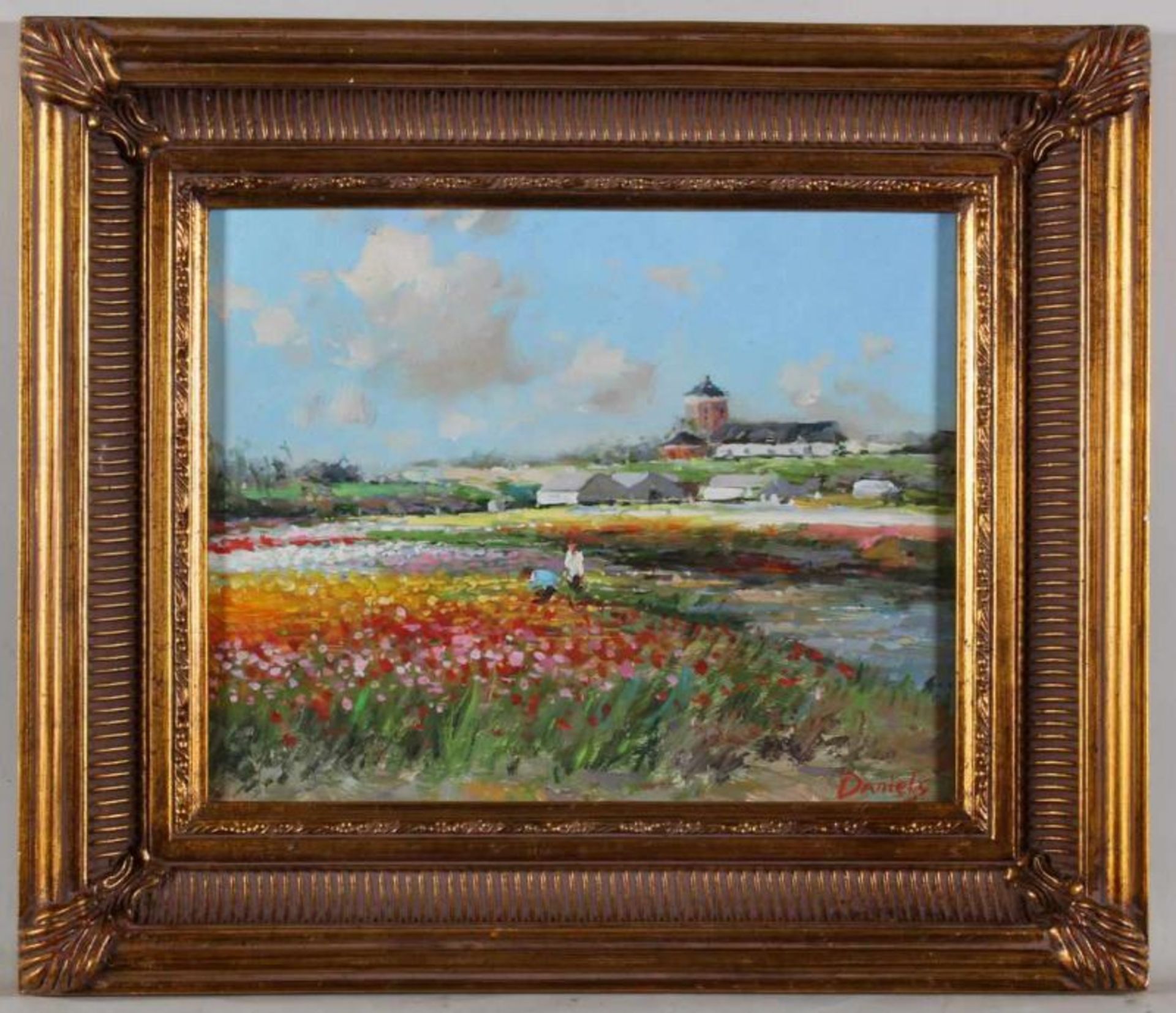 Daniels (20. Jh.), "Blumenfelder in Holland", Öl auf Platte, signiert unten rechts Daniels, 20 x - Image 2 of 3