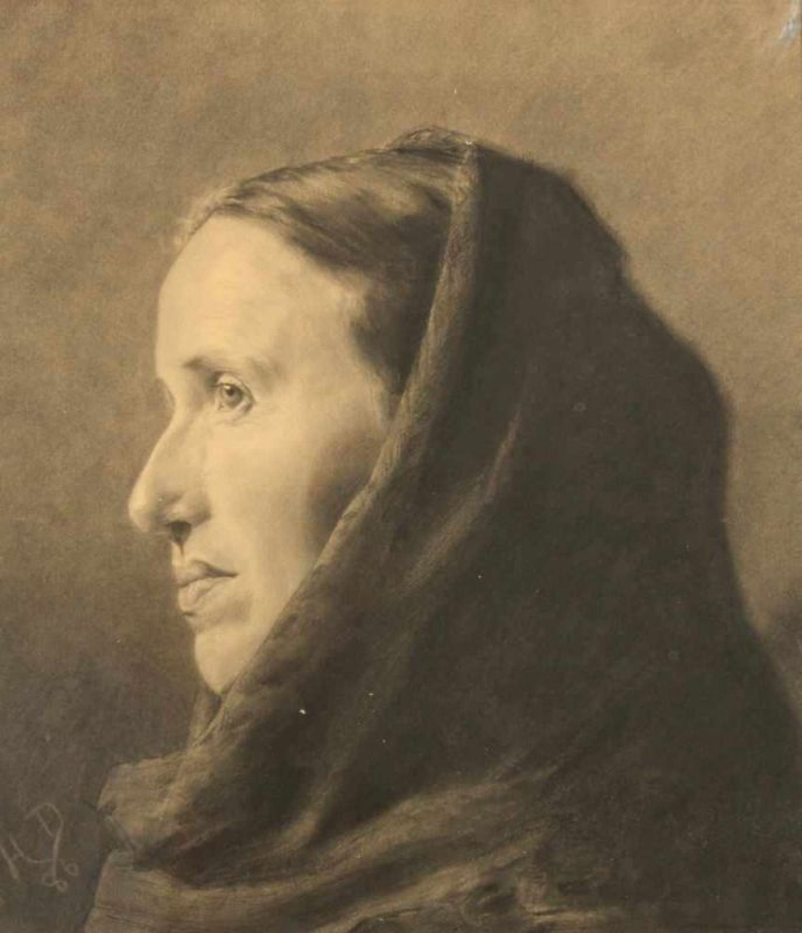 Porträtist (19. Jh.), 2 Kohlezeichnungen, "Frau mit Kopftuch", "Mann mit Kappe", 1x monogrammiert HD