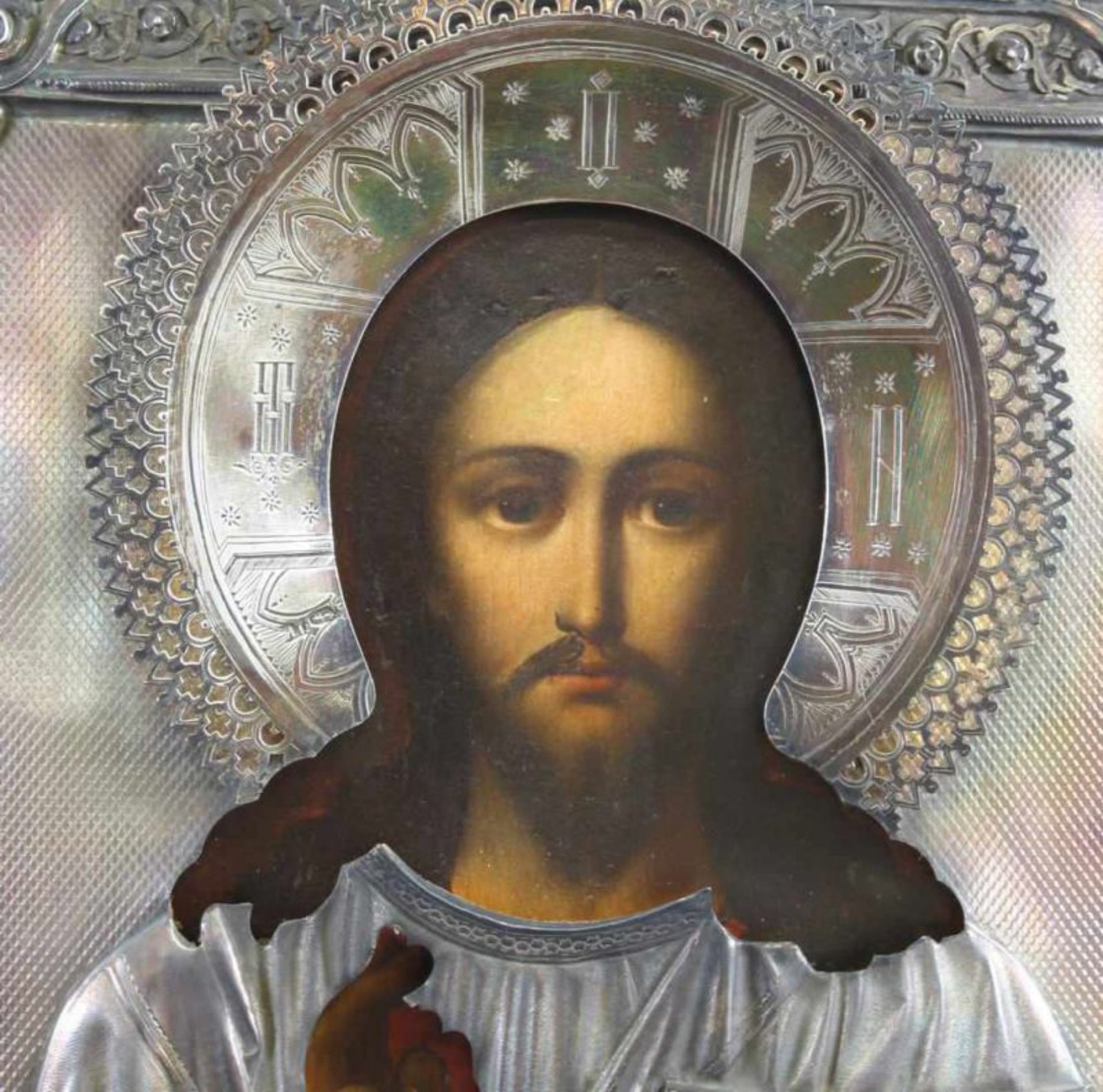 Ikone, Tempera auf Holz, "Christus Pantocrator", Russland, Ende 19. Jh., Oklad Silber, punziert, - Image 2 of 6