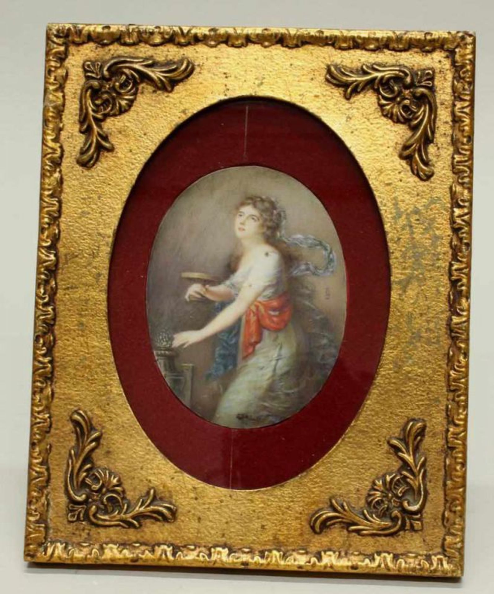 Miniatur, Gouache auf Elfenbein, "Junge Frau mit Schale", oval, monogrammiert JD (ligiert), 9 x 6.