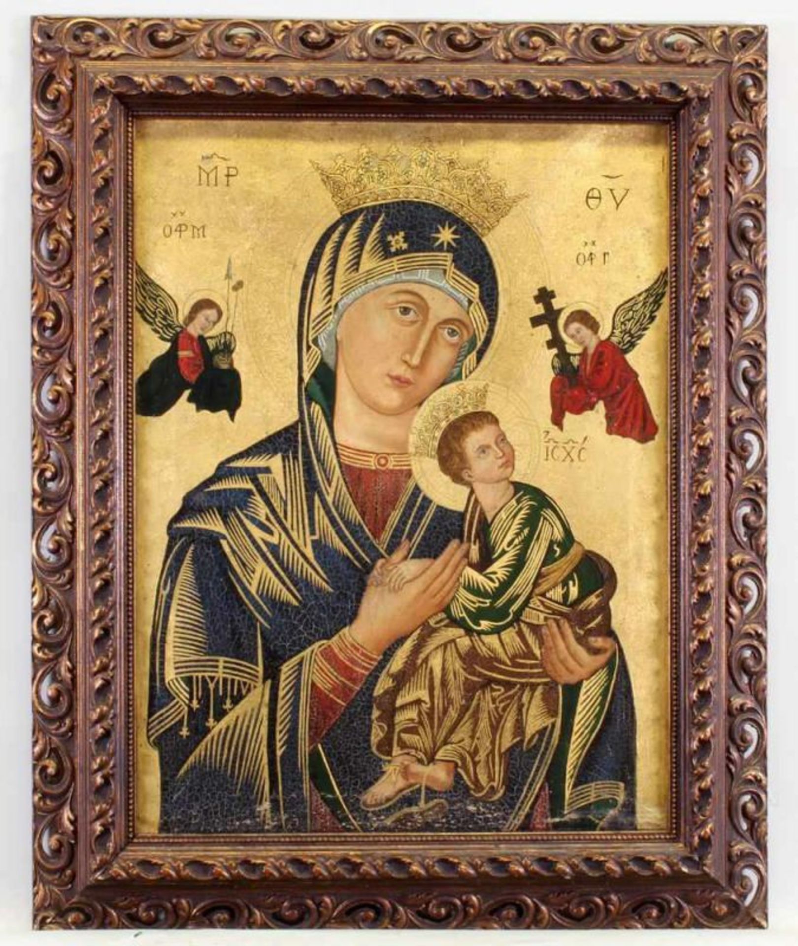 Ikonenmalerei, "Muttergottes mit Kind", 19./20. Jh., Öl auf Leinwand, 54 x 41 cm, zwei - Image 2 of 3
