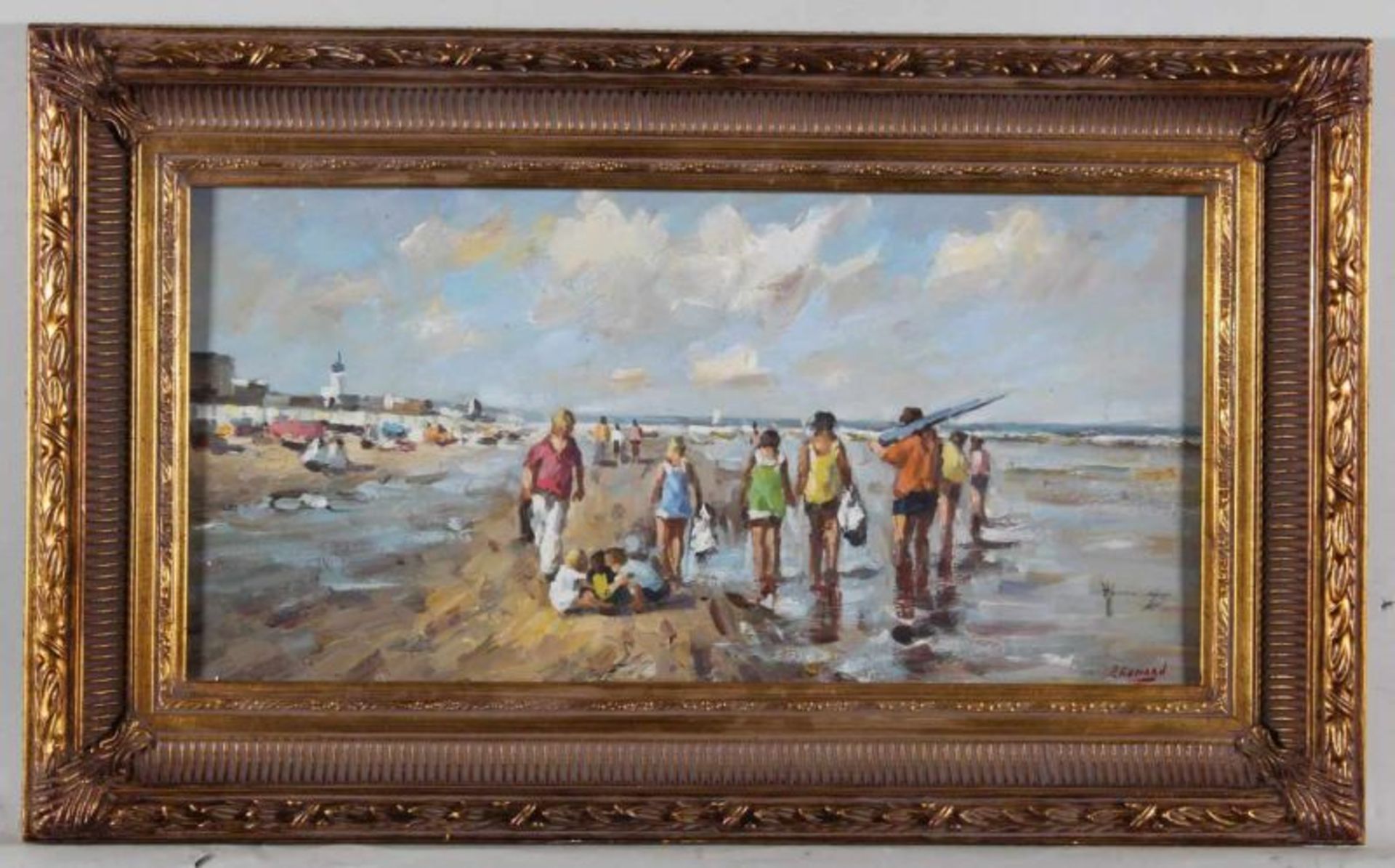 Renard, P. (20. Jh.), "Spaziergang am Meer", Öl auf Holz, signiert unten rechts P. Renard, 20 x 40 - Image 2 of 3