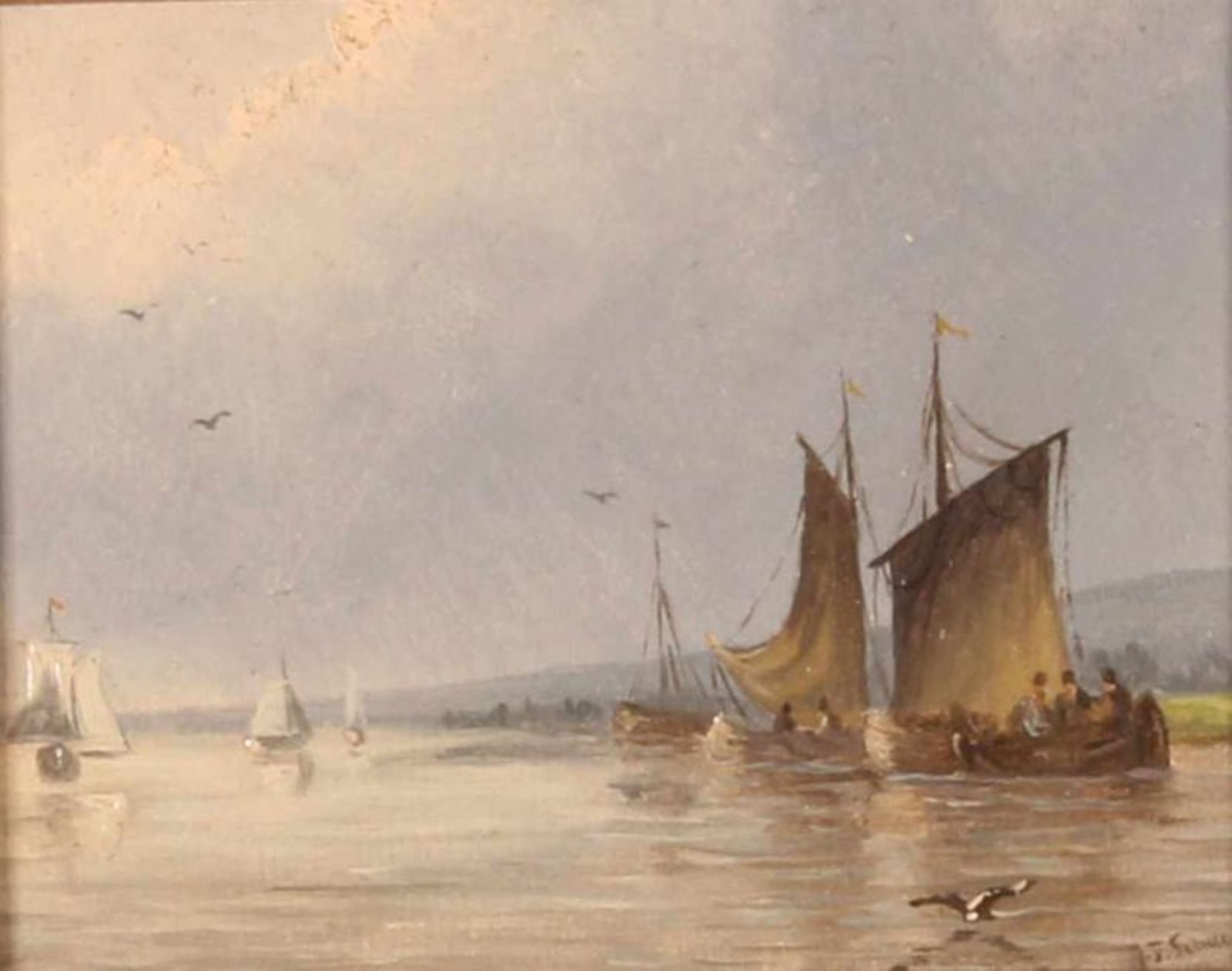 Schütz, J.F. (19./20. Jh.), "Segelboote vor der Küste", Öl auf Holz, unten rechts J.F. Schütz, 9 x