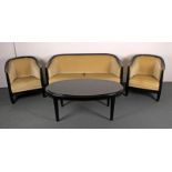 Sitzgrupppe, im Stile des Art Deco, Schwarzlack, Veloursbezug: Sofa, 160 cm breit, 2 Sessel,