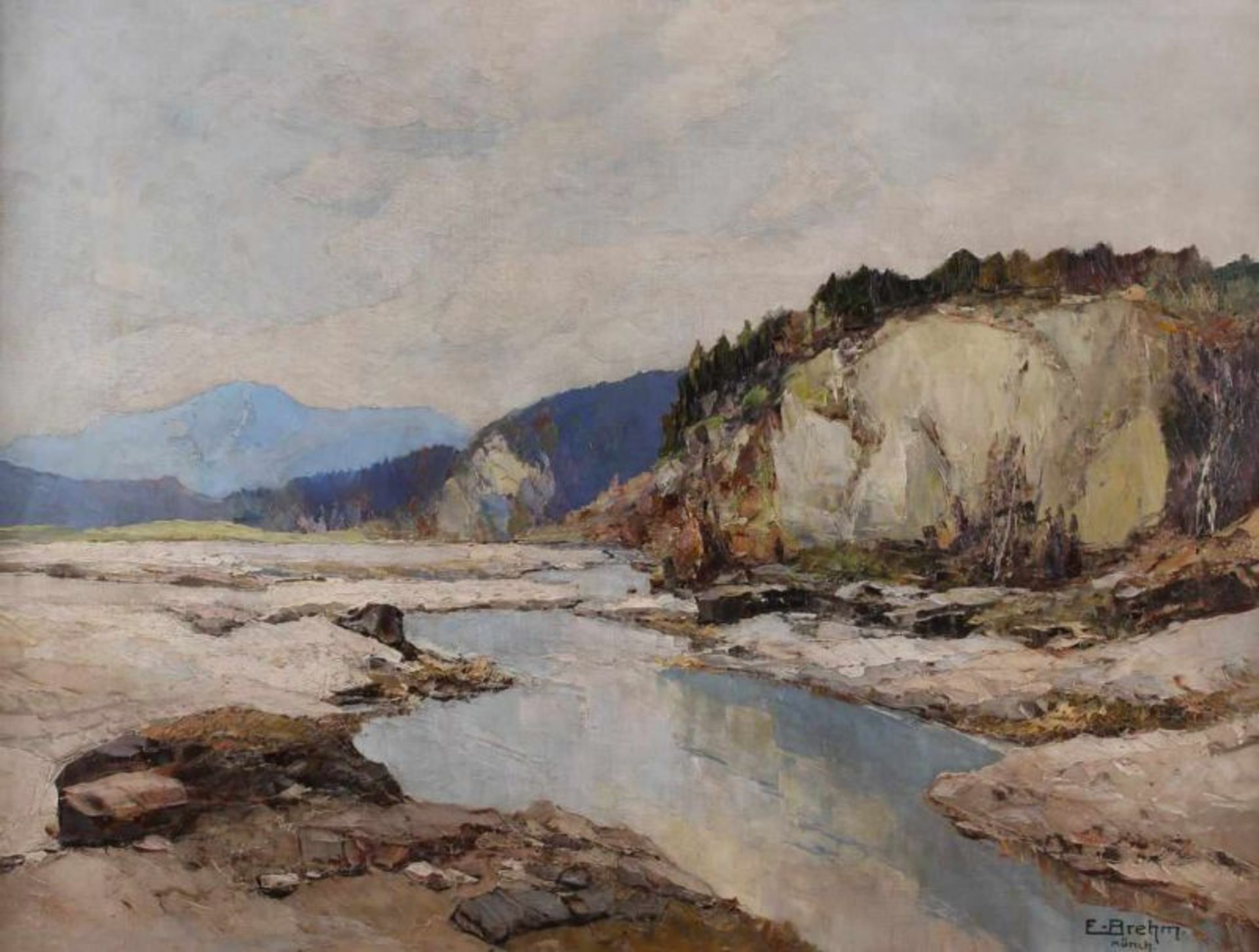 Brehm, Emil (geb. um 1930, in München tätiger Landschaftsmaler), "Altwasser im Isartal", Öl auf