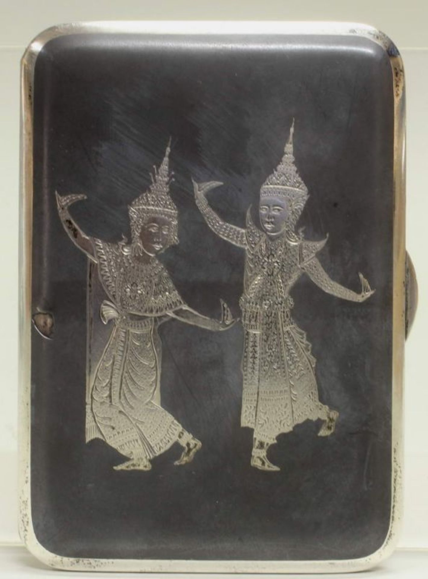 Zigarettendose, Silber 925, Alex & Co., Bangkok Siam, Tempeltänzerinnen bzw. Elefantenköpfe auf
