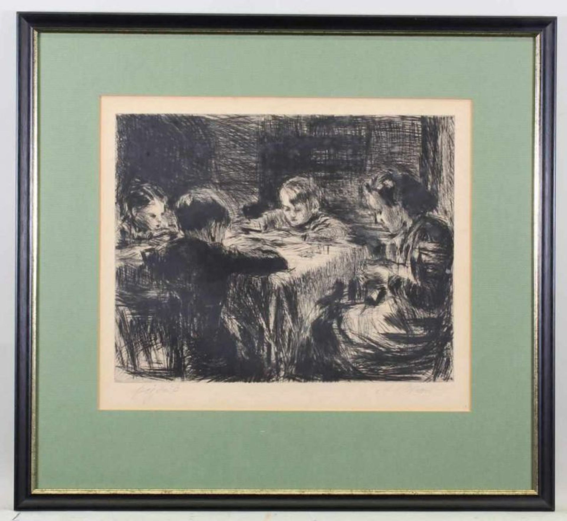 Wais, Alfred (1905 Stuttgart - 1988 ebda.), Radierung, "Familie am Tisch", signiert, 24 x 30 cm, - Image 2 of 3