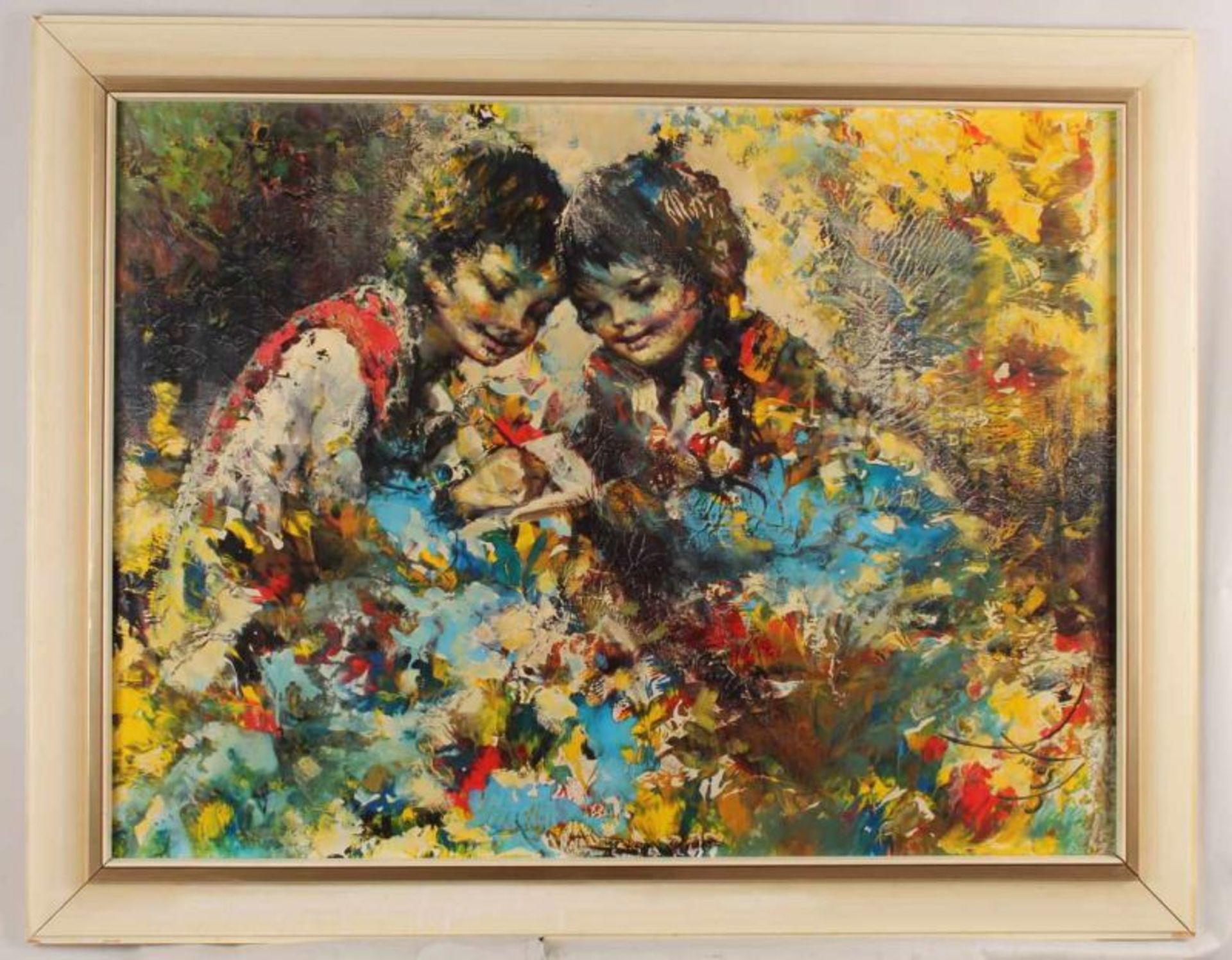 Anoush (Rahnavard-Kar) (1924 - 1983), "Schreibendes Kinderpaar", Öl auf Leinwand, signiert unten - Image 2 of 4