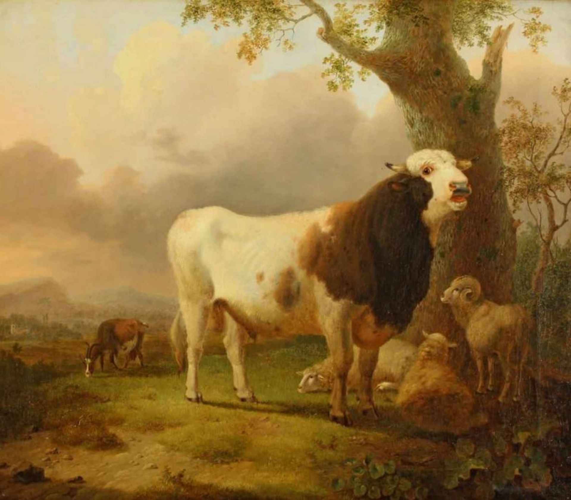 Os, Pieter Gerardus van (1776 Haag - 1839 ebda.), zugeschrieben, "Landschaft mit Stier, Schafen