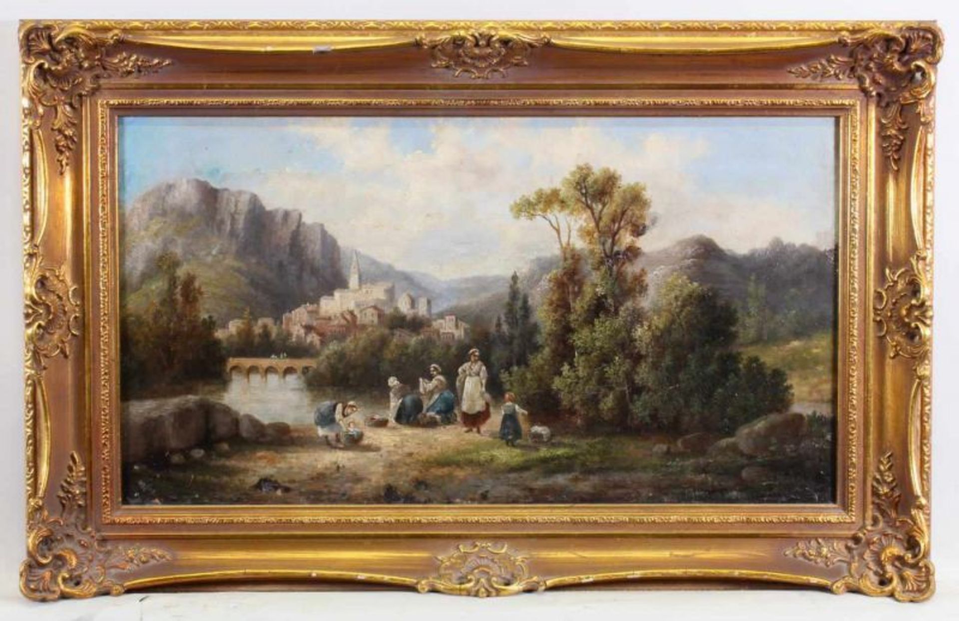 Landschaftsmaler (19./20. Jh.), Pendants, "Wäscherinnen bzw. Reisende vor Gebirgsorten", Öl auf - Image 2 of 9