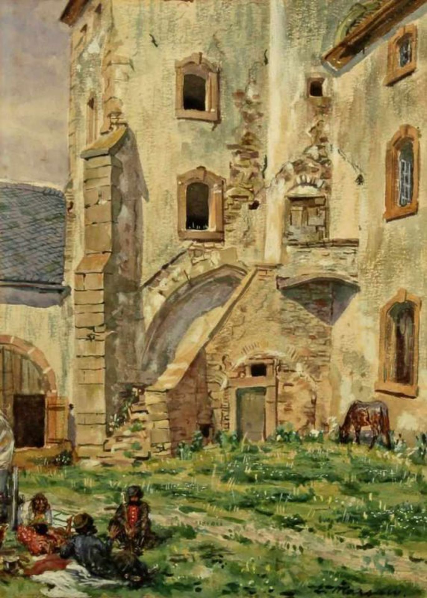 Massau, Edmund (1860 Düsseldorf - 1935, Landschaftsmaler), "Verfallener Schloßhof aus Lissingen in
