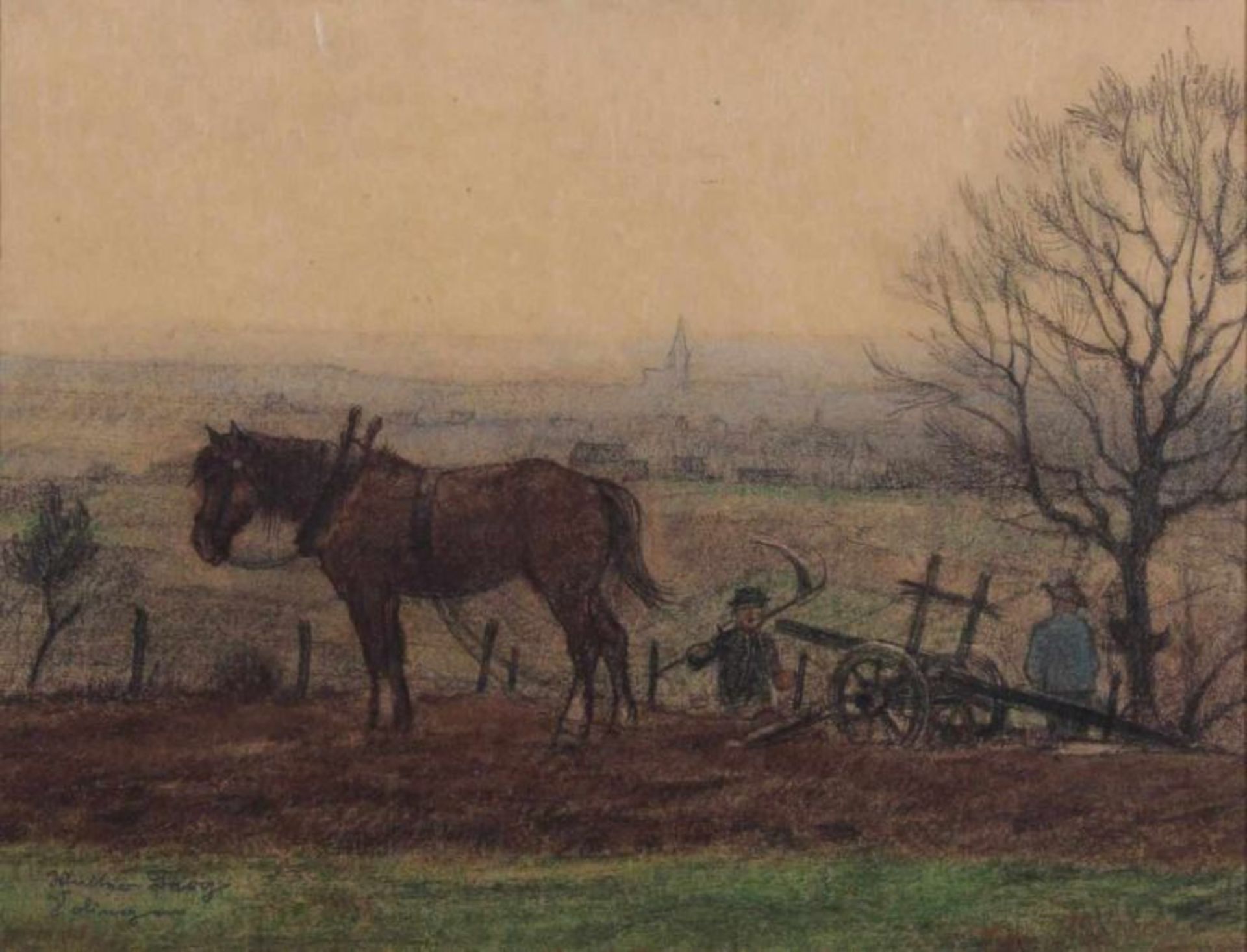 Berg, Walter (geb. 1906 Solingen, Stillleben- und Landschaftsmaler), Mischtechnik, "Bauern auf einer