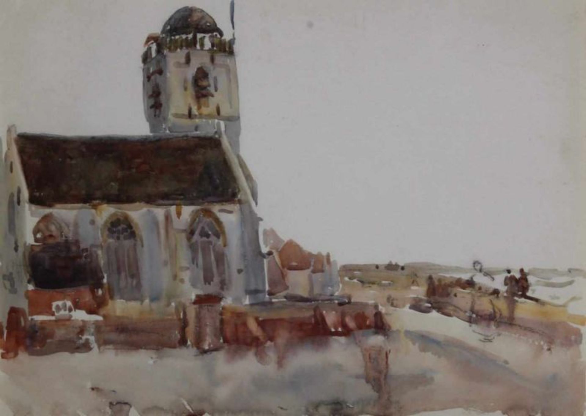 Unbekannter Künstler (20. Jh.), "Kirche von Katwijk ?", Aquarell, 25 x 35 cm, unter Glas gerahmt