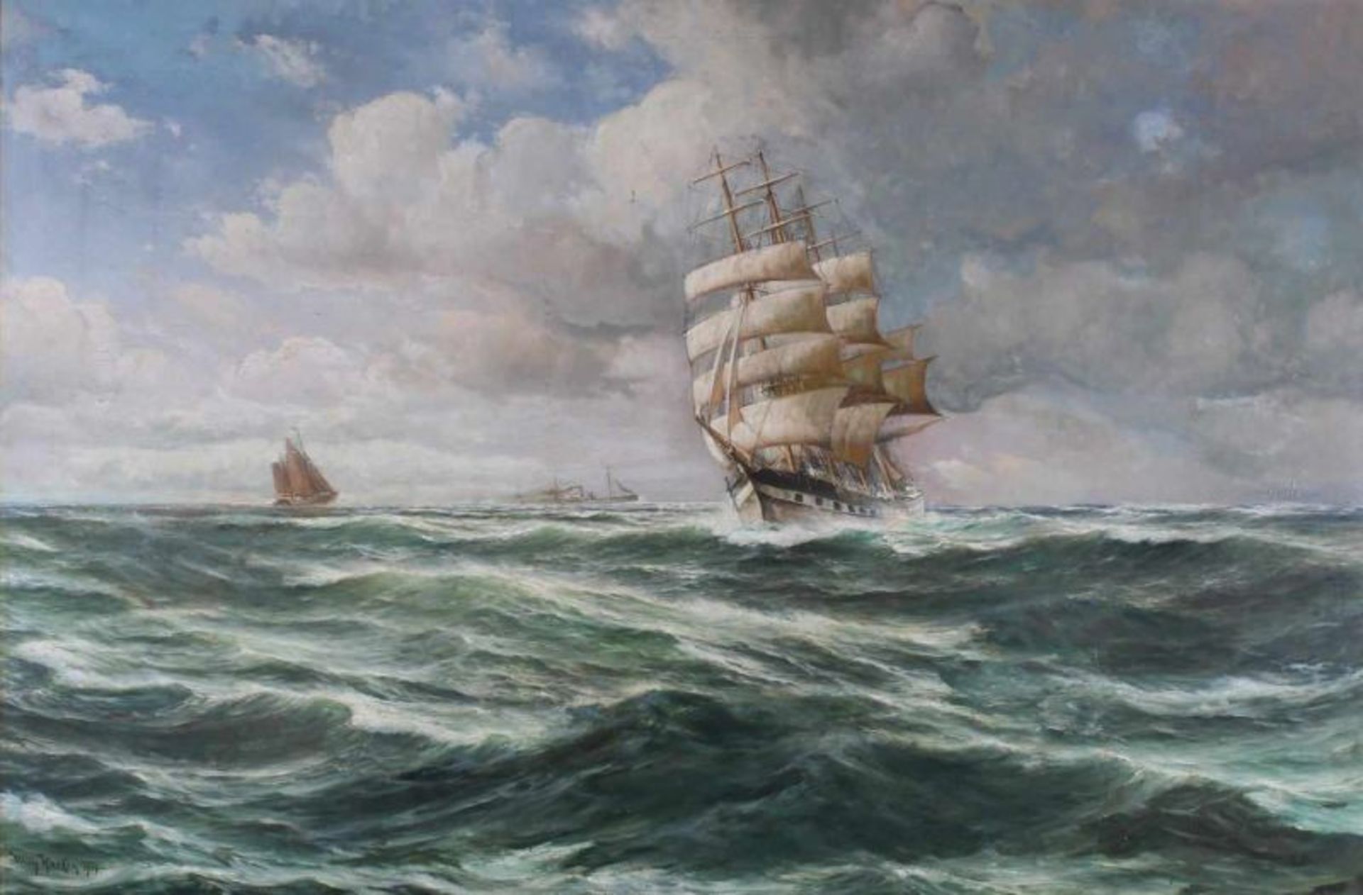 Hanken, Willy (1866 - 1953, Marinemaler), "Segelschiffe auf hoher See", Öl auf Platte, rückseitig