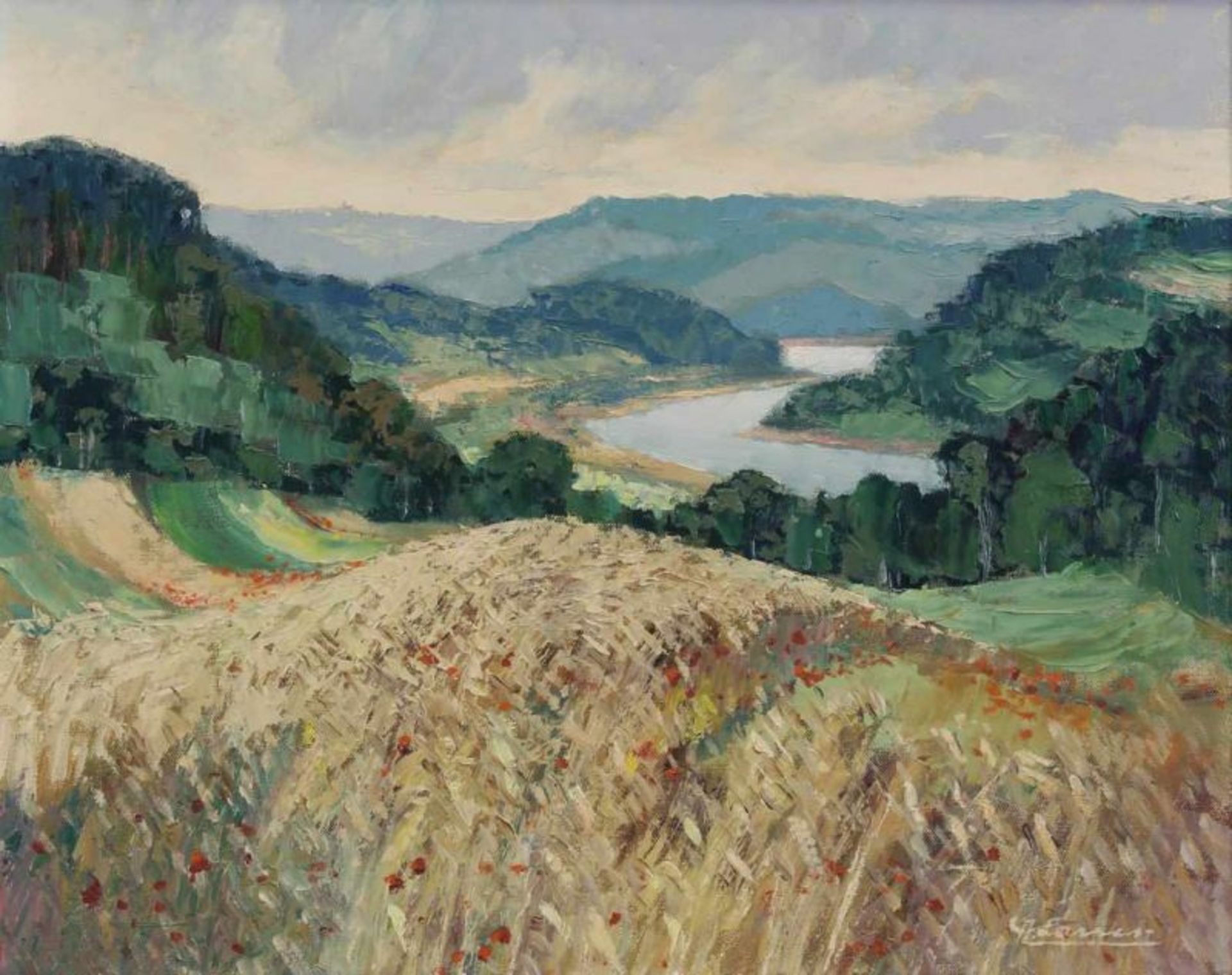 Larres, Albert (1900 Obergolbach - 1987 Schleiden), "Flusslandschaft", Öl auf Leinwand, signiert
