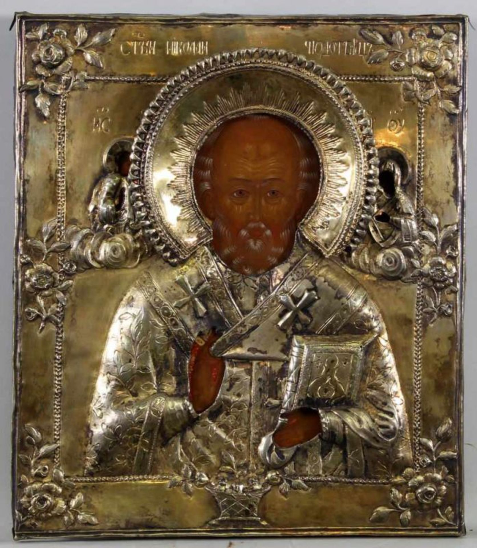 Ikone, Tempera auf Holz, "Hl. Nikolaus", Russland, Ende 18. Jh., Oklad Silber, vergoldet, punziert
