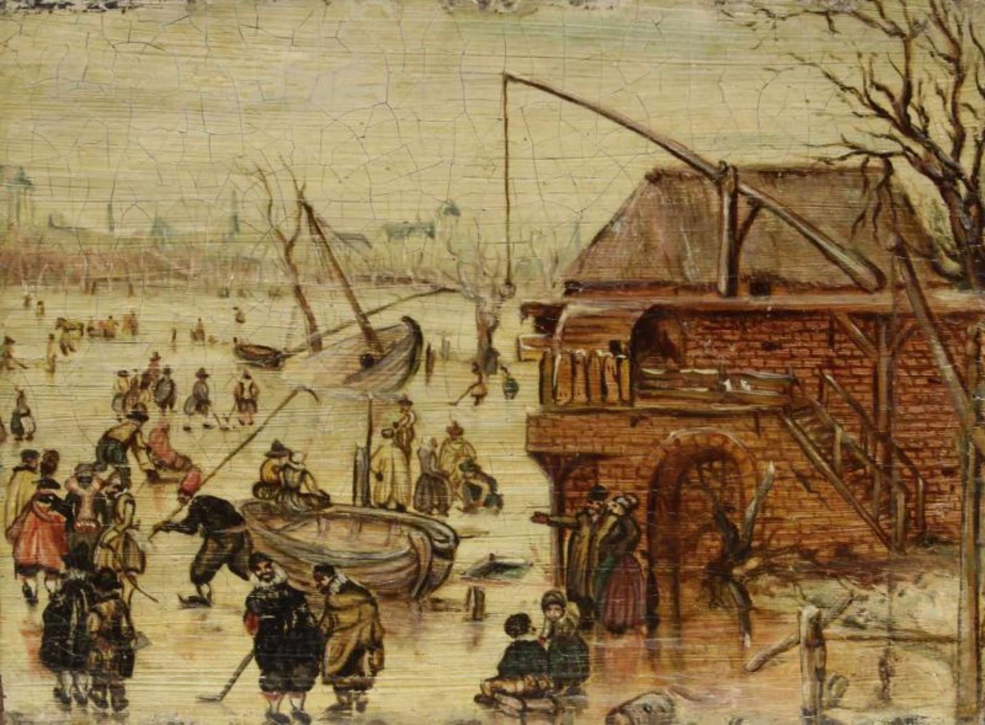 Unbekannter Maler (19./20. Jh.), "Wintervergnügen vor der Stadt", Öl auf Leinwand, auf Holz, 9.5 x