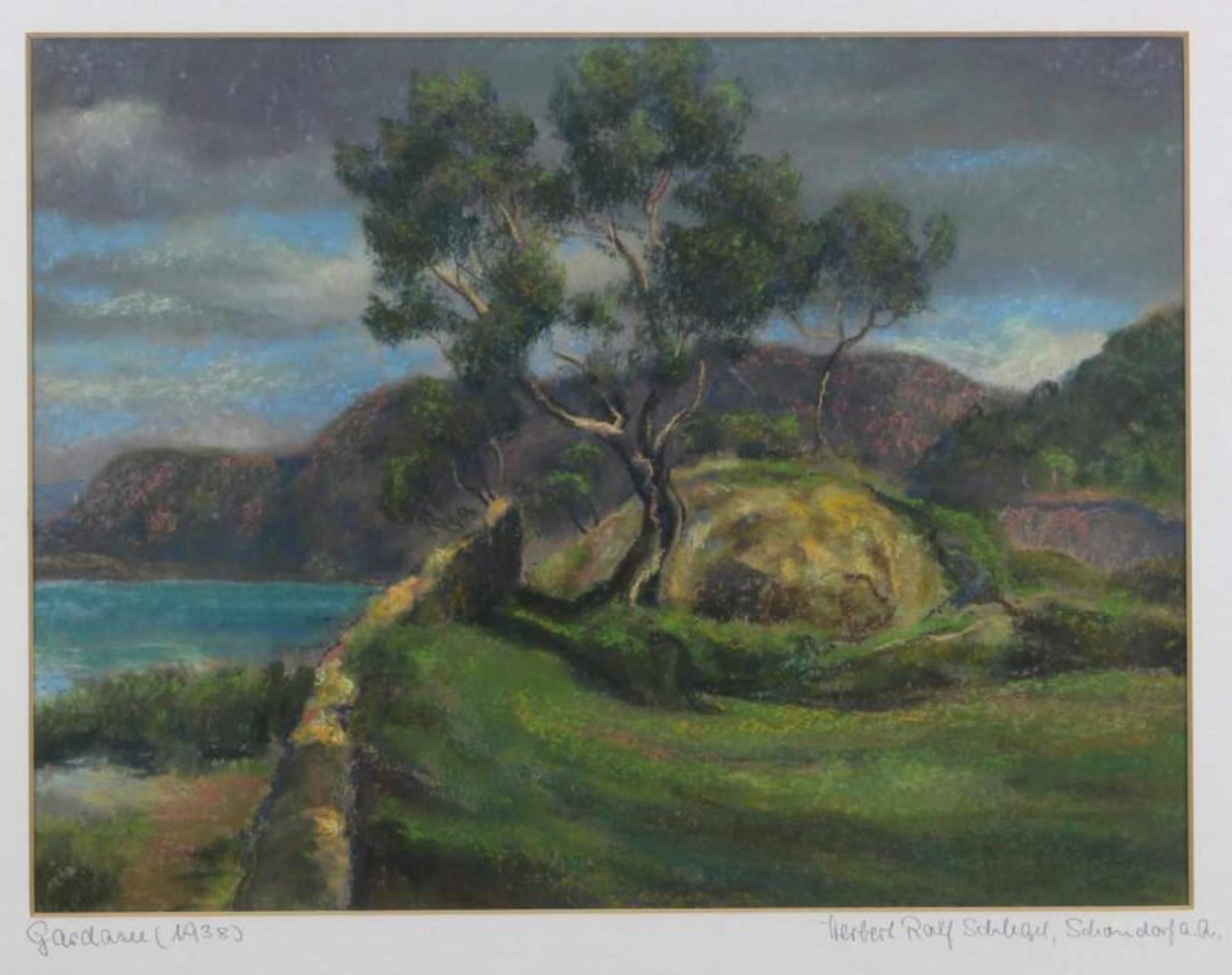 Schlegel, Herbert Rolf (1889 Breslau - 1972, Landschaftsmaler), Kreidezeichnung, "Gardasee", auf dem