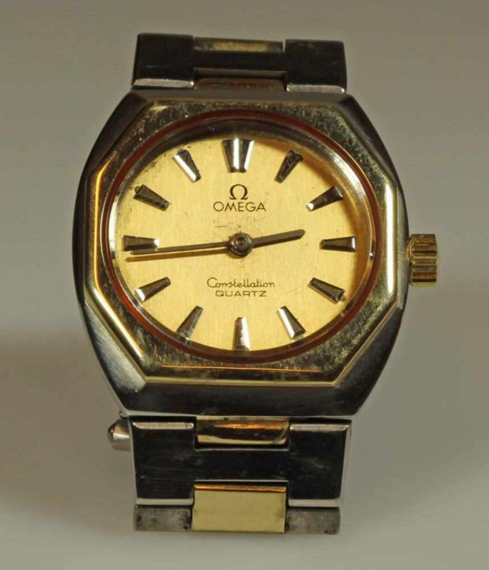 Damenarmbanduhr, Omega Constellation, Stahl/Gold, Quarz, goldfarbenes Zifferblatt, Strichindizes,