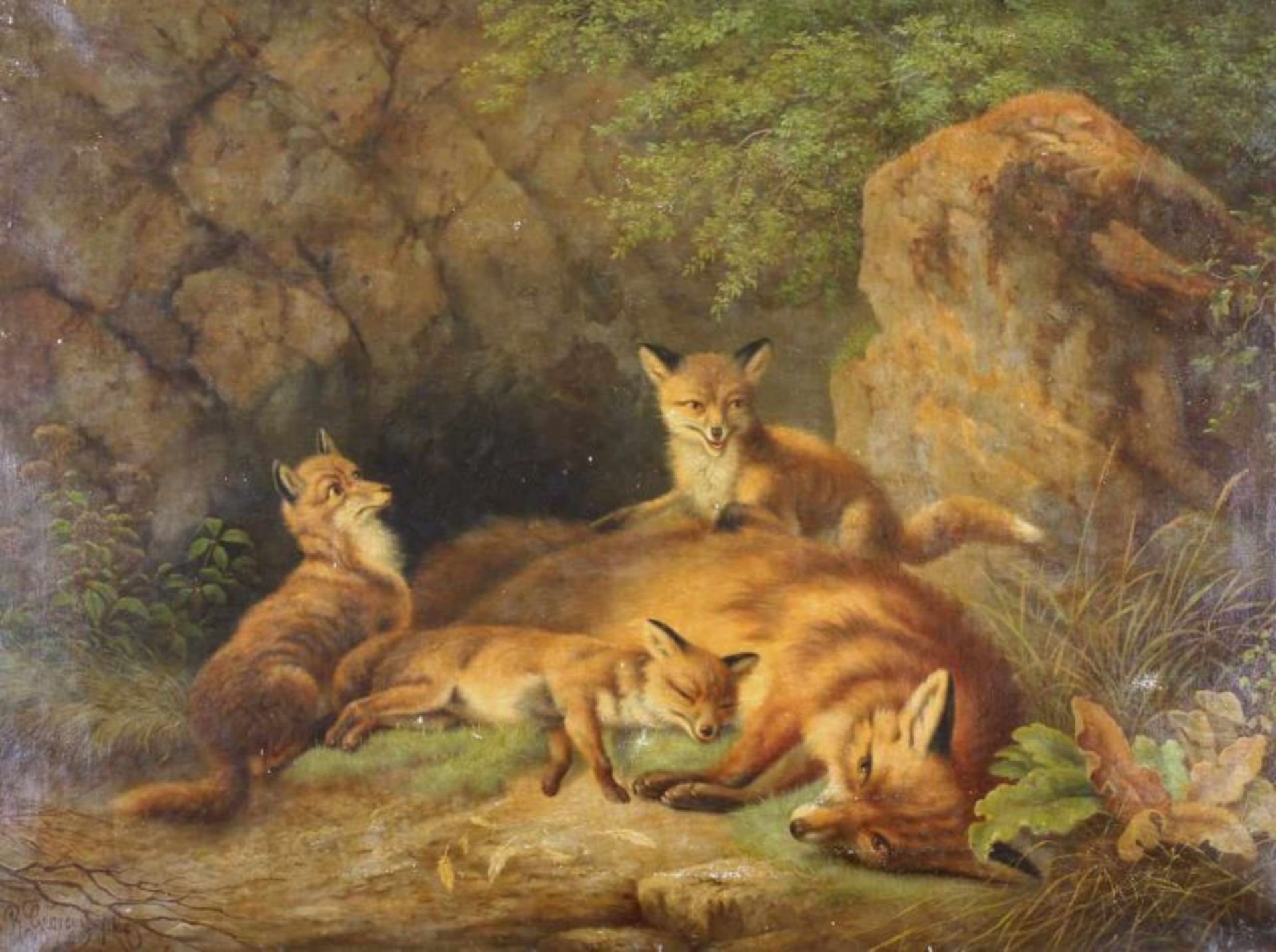 Georgius, Robert (geb. 1871, deutscher Jagd- und Tiermaler), "Fuchsfamilie", Öl auf Leinwand,