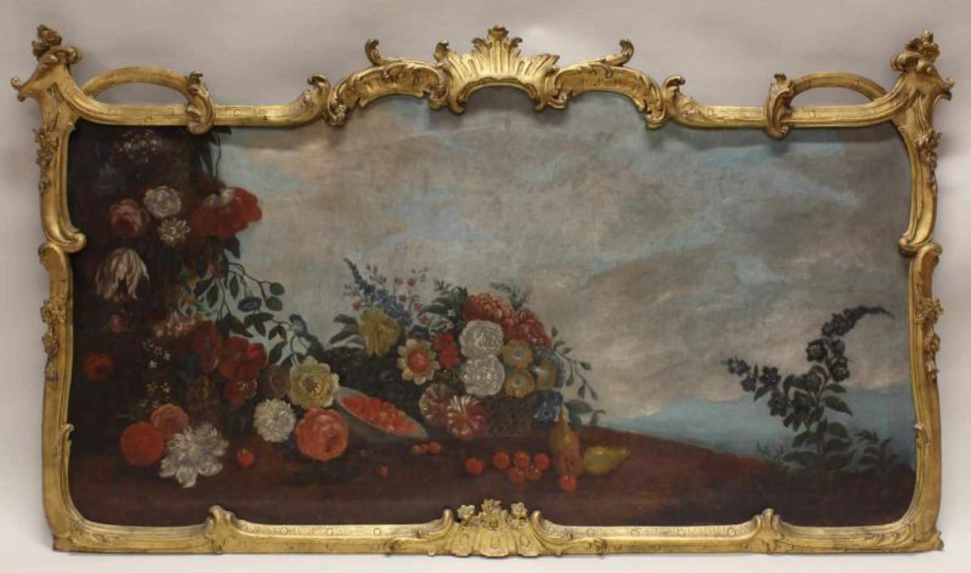 Supraporte, "Blumen- und Früchtestillleben", Öl auf Leinwand, Barockrahmen, wohl Deutschland, 3.