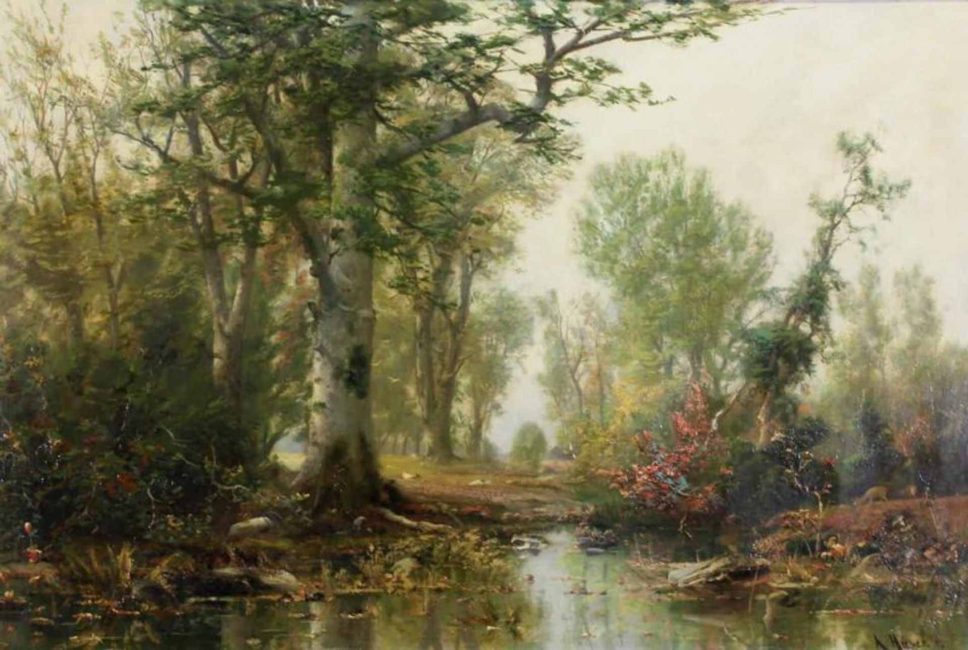 Hüser, A. (19. Jh.), "Waldteich", Öl auf Leinwand, auf Holz, unten rechts A. Hüser 90, verso altes