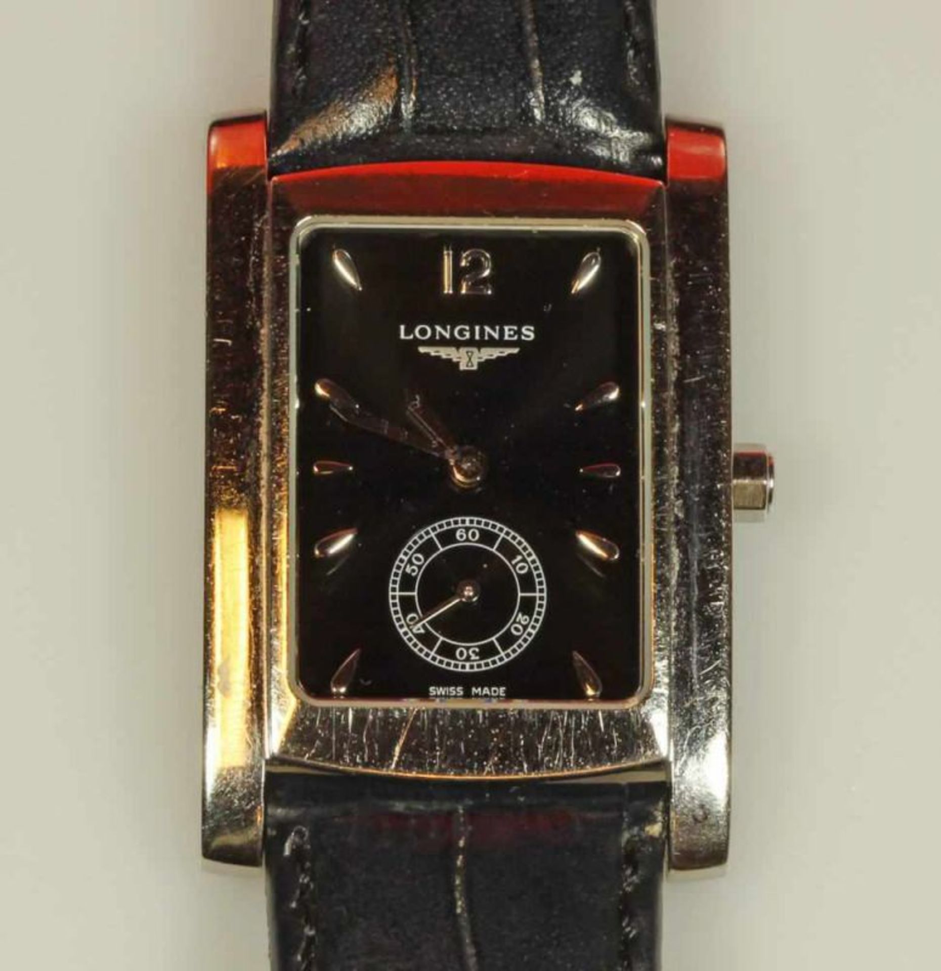 Damenarmbanduhr, Longines, Quarz, Stahl, schwarzes Zifferblatt, Strichindizes, kleine Sekunde bei