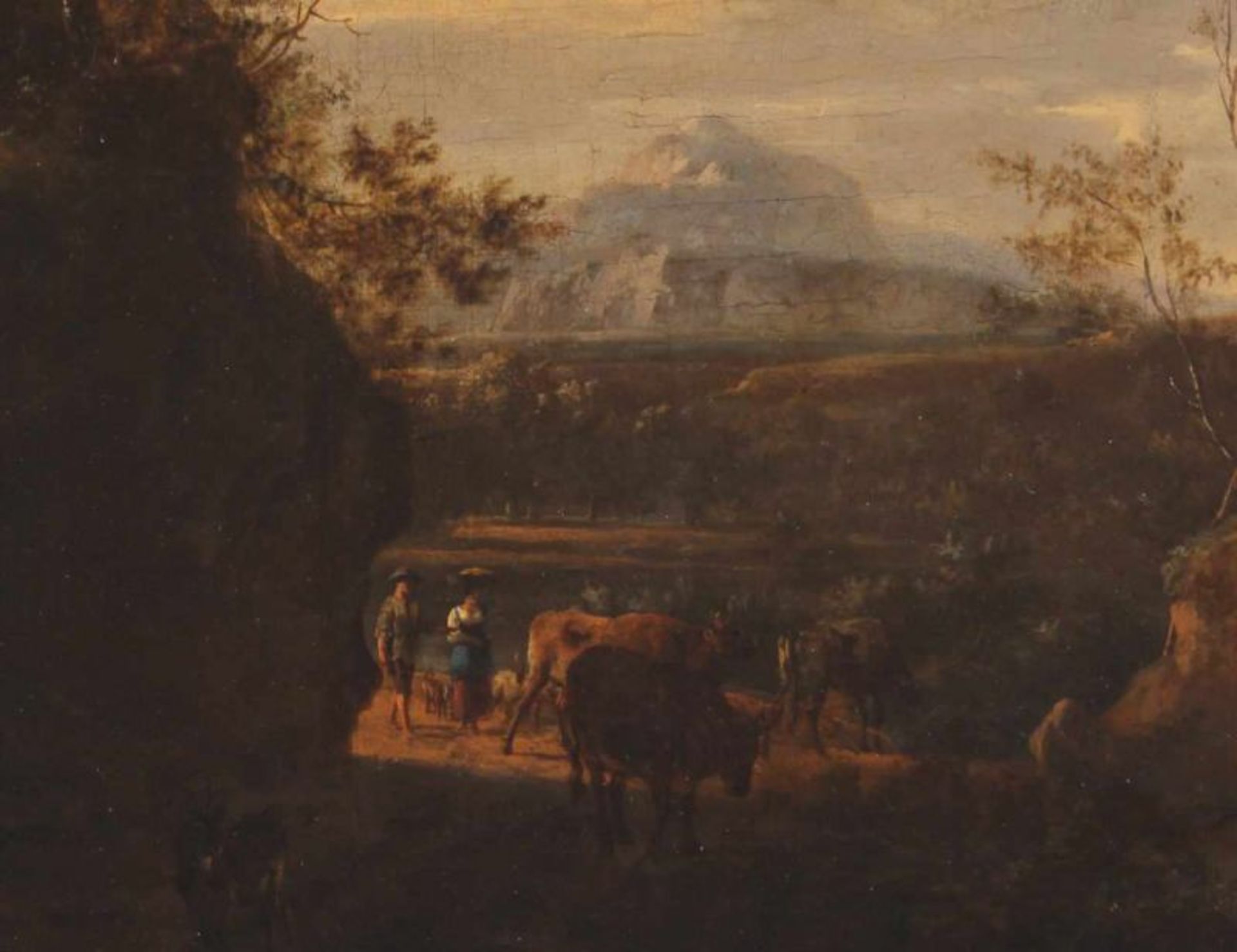 Moucheron, Frédéric de (1633 - 1686), zugeschrieben, "Südliche Landschaft mit Viehhirten", Öl auf - Image 3 of 4
